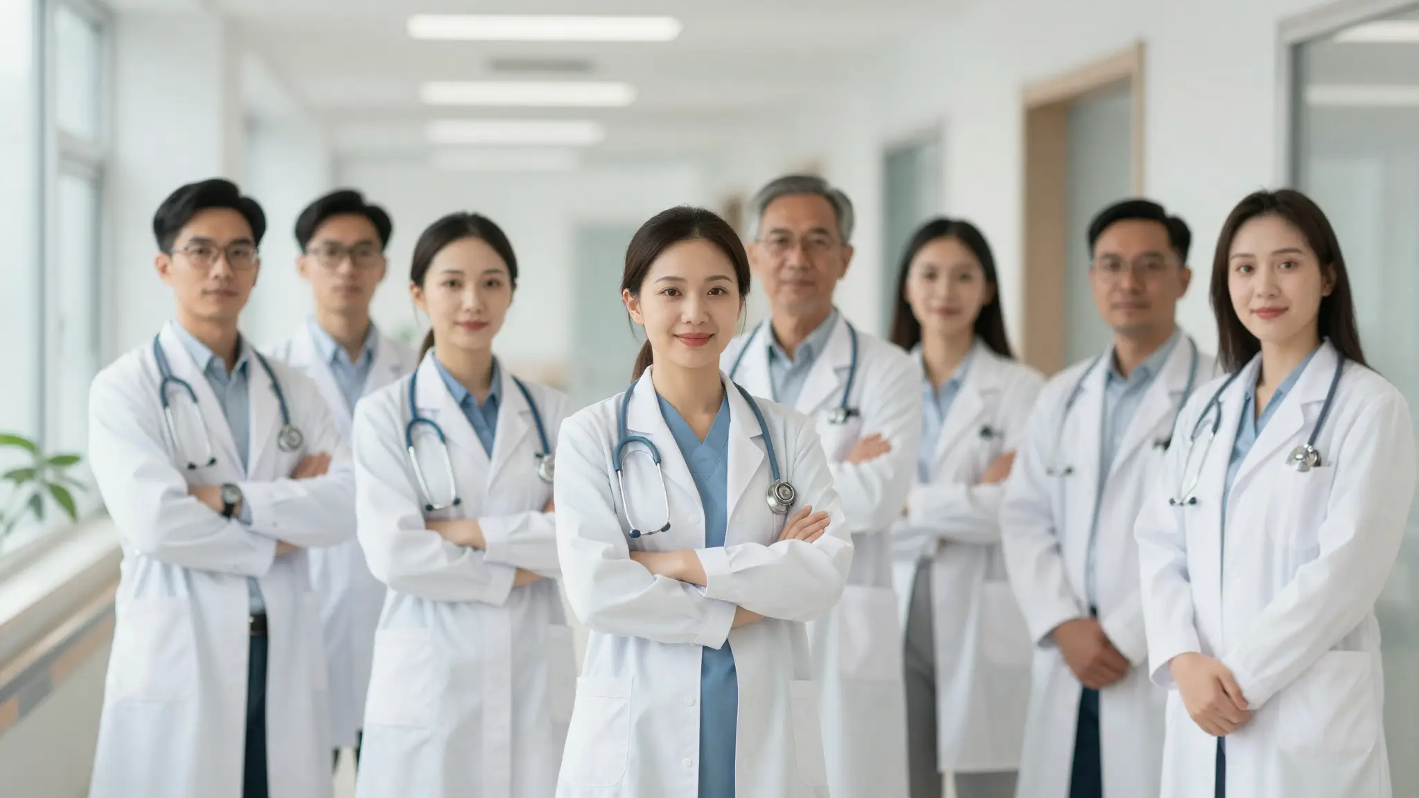 مجموعة من الأطباء بالمعاطف البيضاء في ممر مستشفى حديث يجسّدون مهنة الطب والرعاية الصحية
